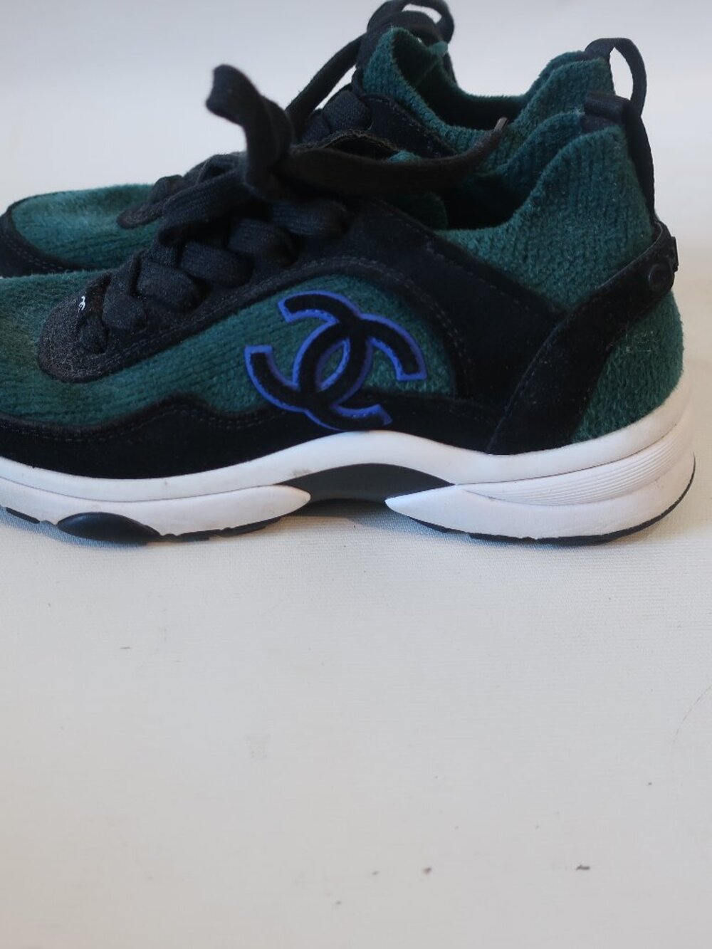 Authentic Womens Chanel Green Black Sport Fashion Tweed Sneaker Shoes 36 US/6 - Picture 5 of 16